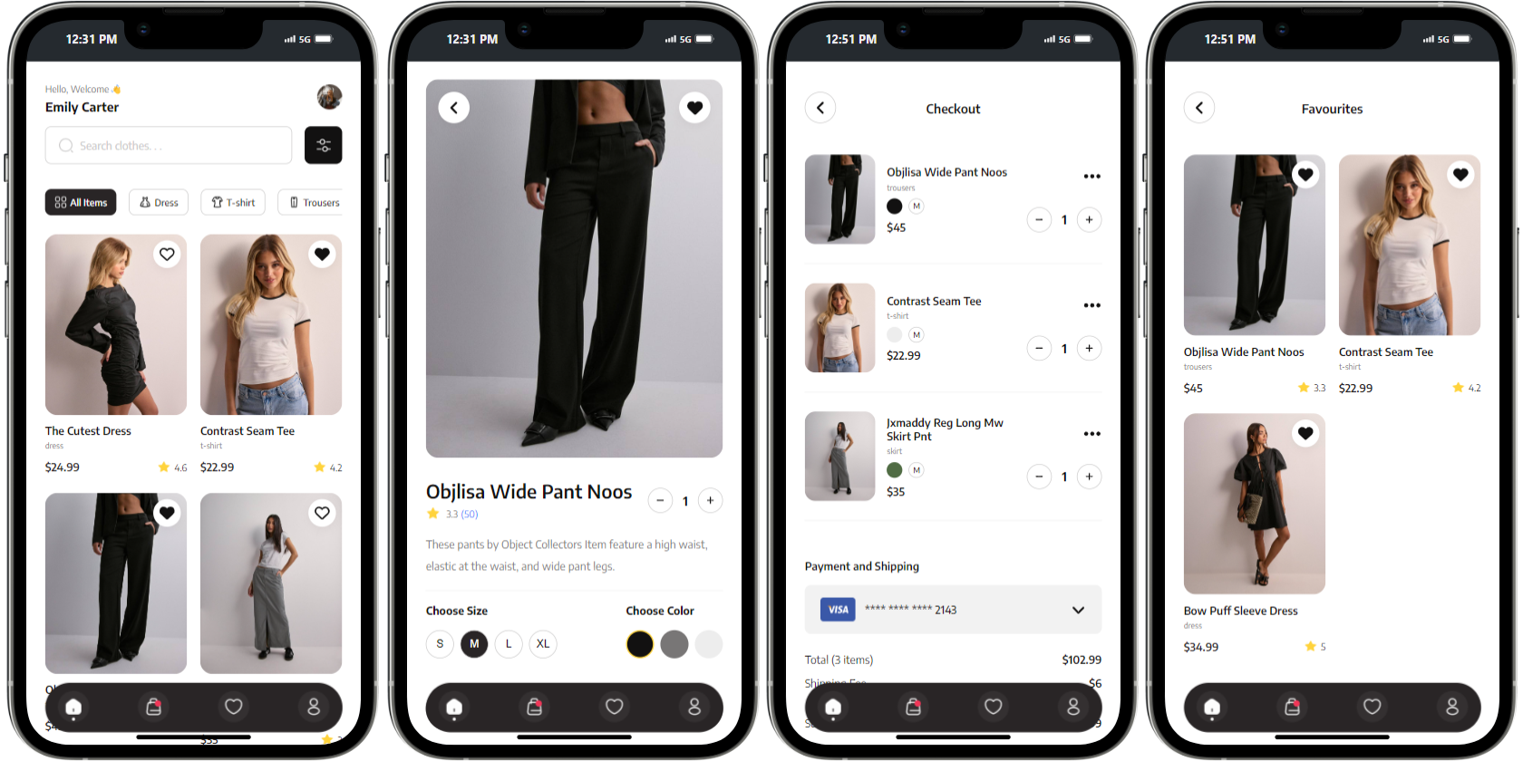 Four mobile screens showing different pages of the clothing store web app.