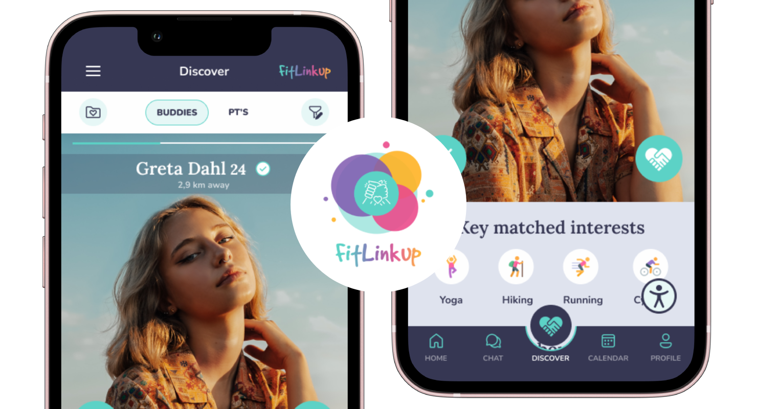 A mobile device showing the Fitlinkup app design with Fitlinkup logo in the middle.