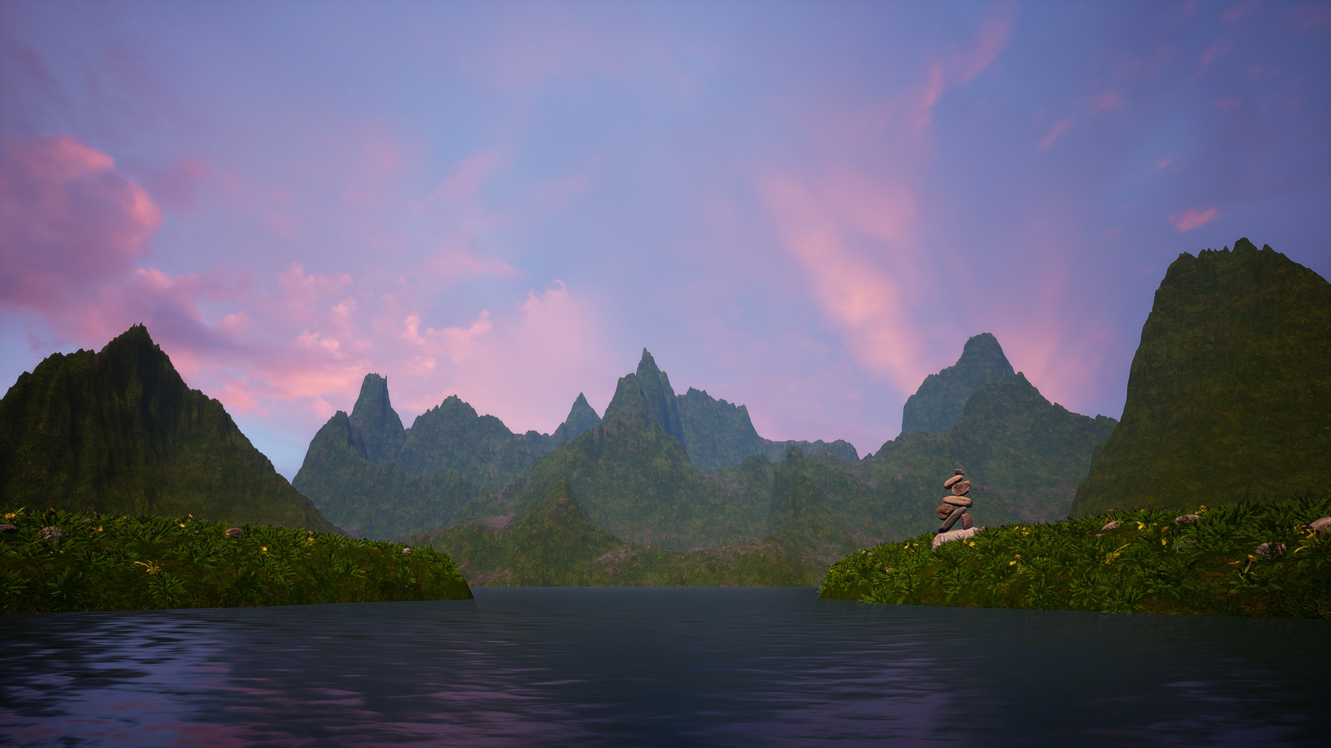 A fantasy landcape with pink clounds and mountains in the background.