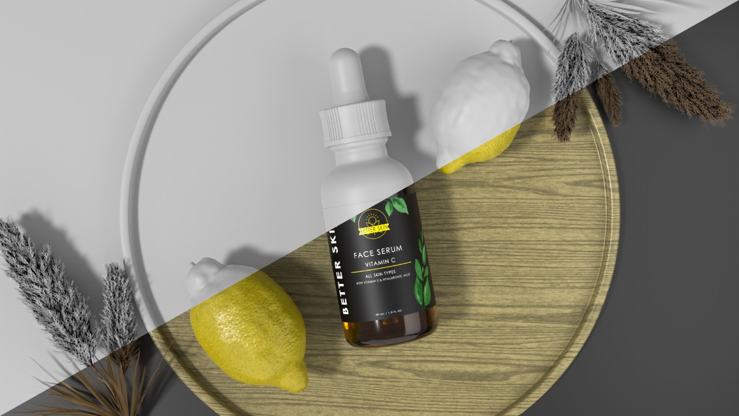 A face serum bottle render splited in half with one side in color and another in gray.