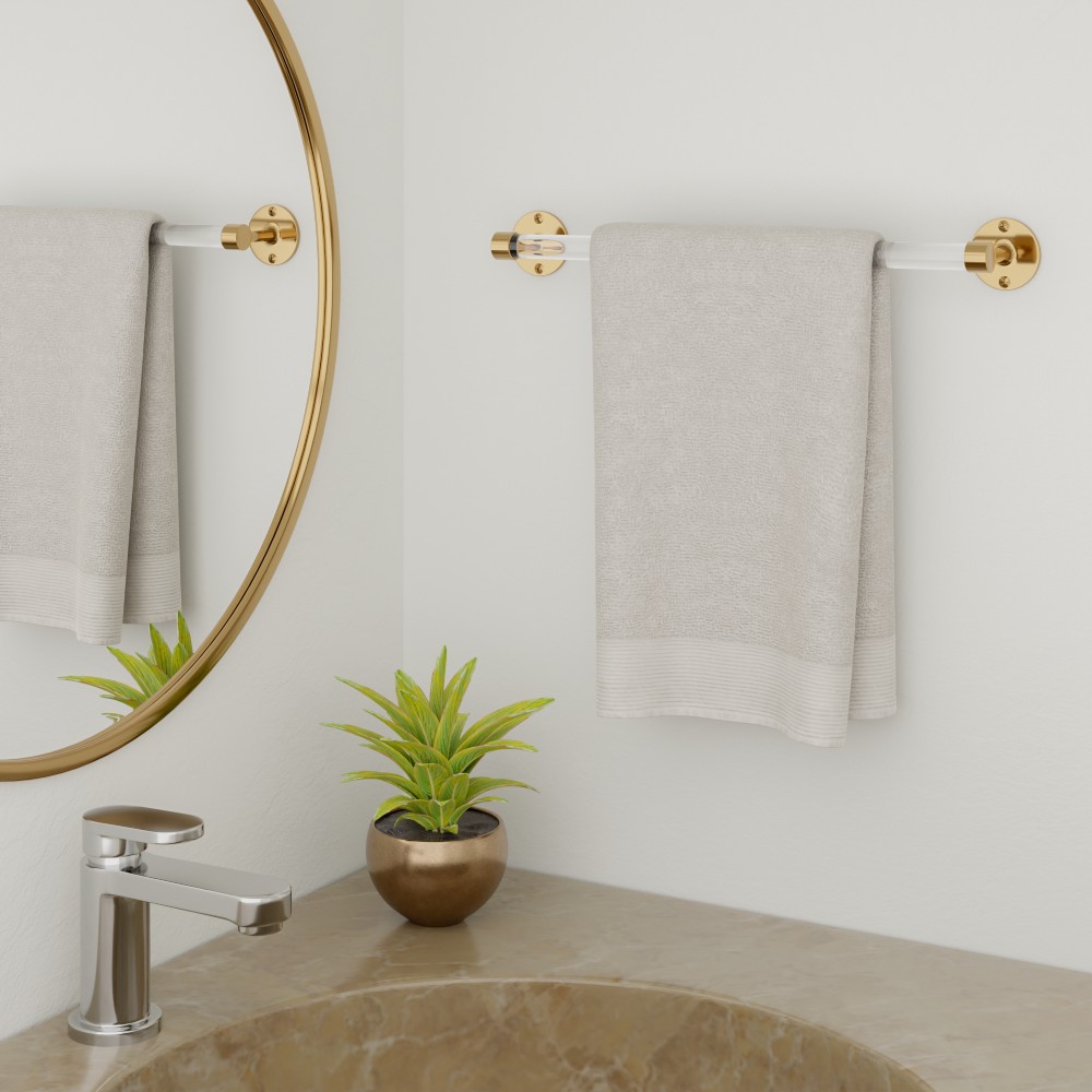 A towel bar with a hanging towel in a bathroom enviorment.