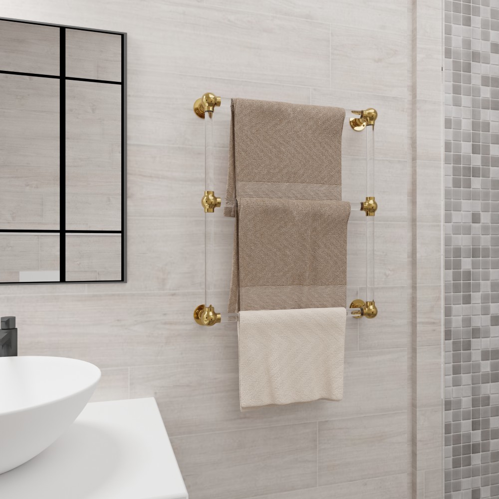 A towel rack with a hanging towels in a bathroom enviorment.