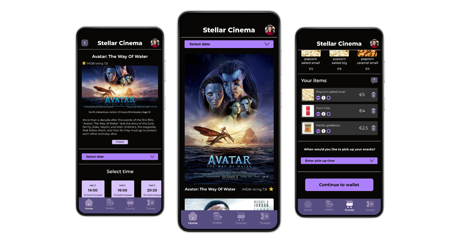 Three mobile devices showing the Stellar Cinema app designs on the screen.