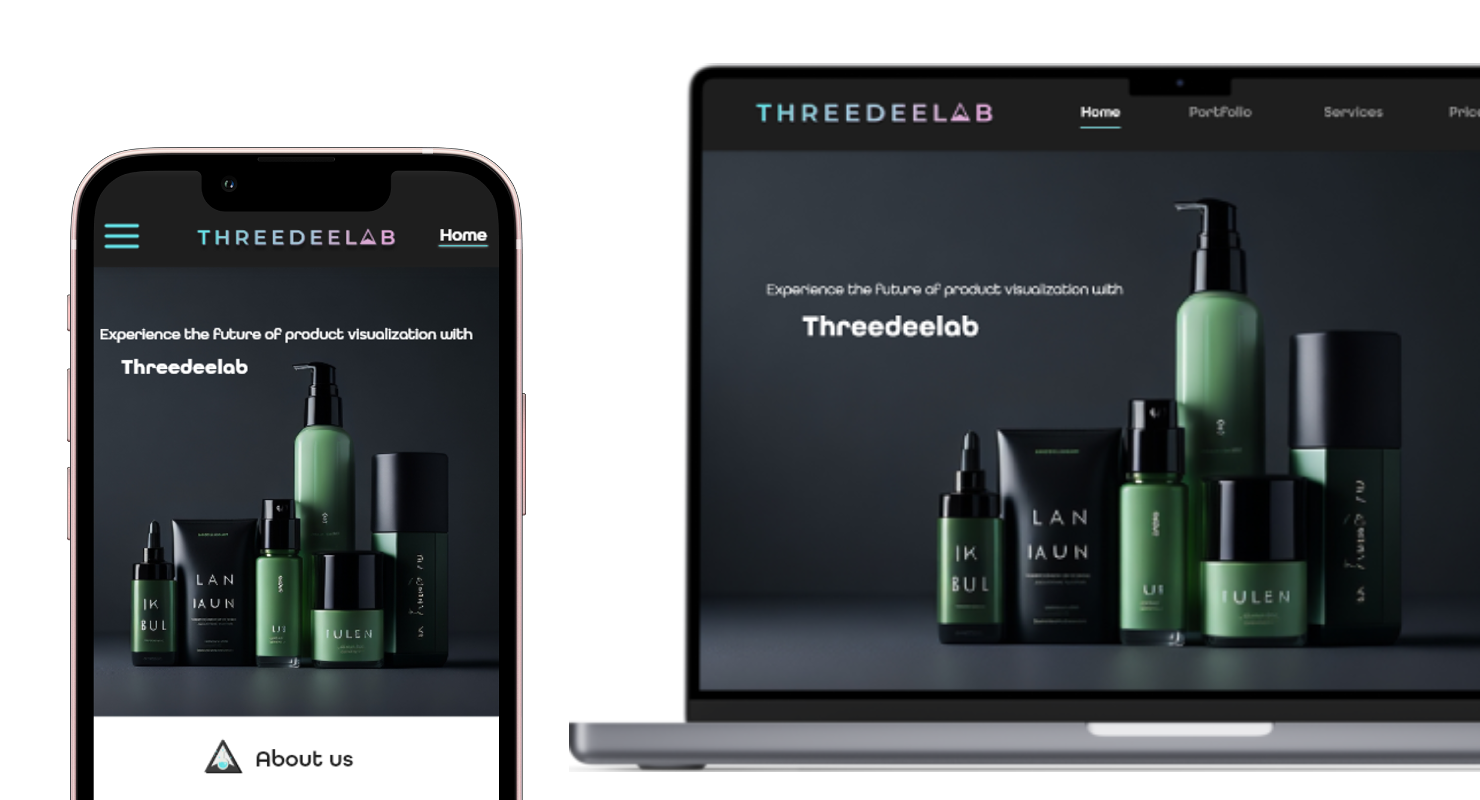 A mobile device and a MacBook showing the Threedeelab website design on the screen.